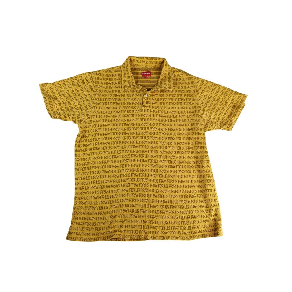 Supreme Golf Polo Shirt Mens Large Yellow Pray For Us Sports Athletic Cotton